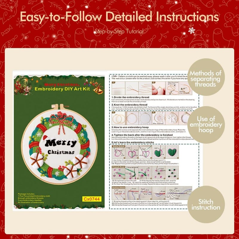 wtisan Christmas Embroidery Kits: 1 Pack Cross Stitch Kit for Beginners Adults, DIY Ornaments Craft Kit with All Tools & Instructions, Stamped Hand Embroidery Starter Kit for Holiday Crafts & Xmas Home Decor - Image 2